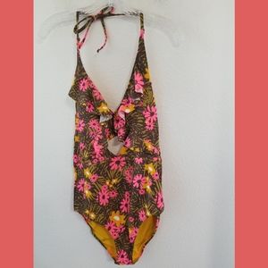 Aerie NWOT Floral Ruffle Halter One Piece Swimsuit